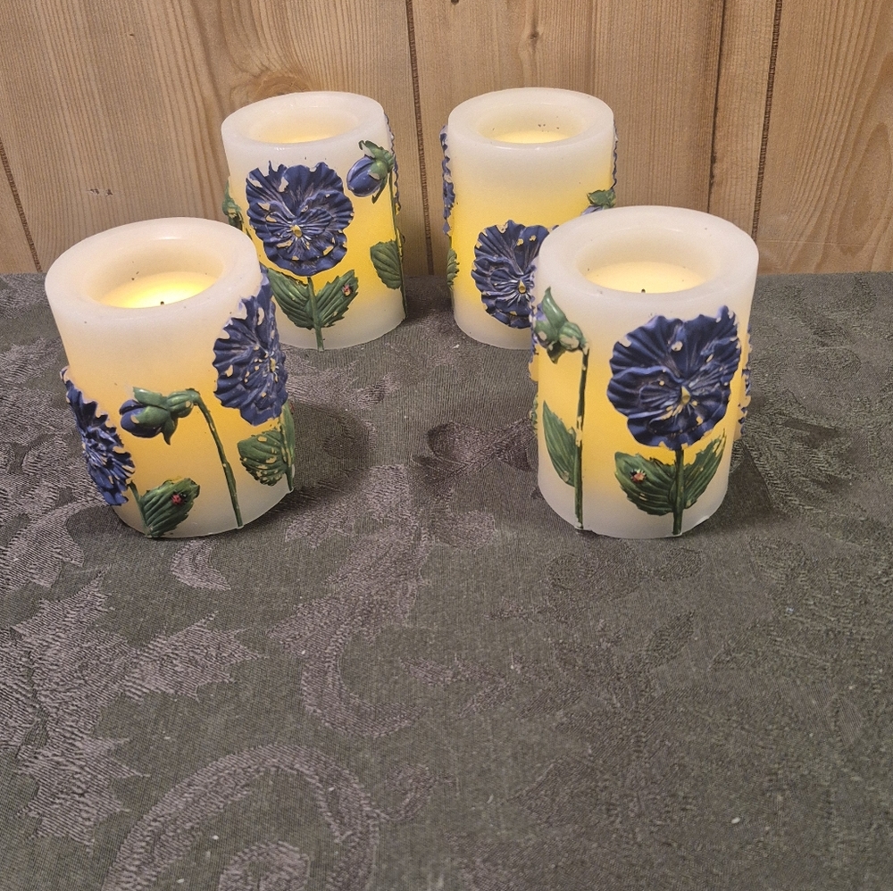 Floral Blue and Green Pansy Flower Design Flameless Candle Set of 4 - Picture 2 of 3